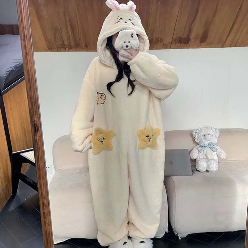Anime Chiikawas Hachiware Jumpsuit Pajamas Women's Winter Coral Velvet Home Clothes Cartoon Student Sleepwear Thicken Warmth