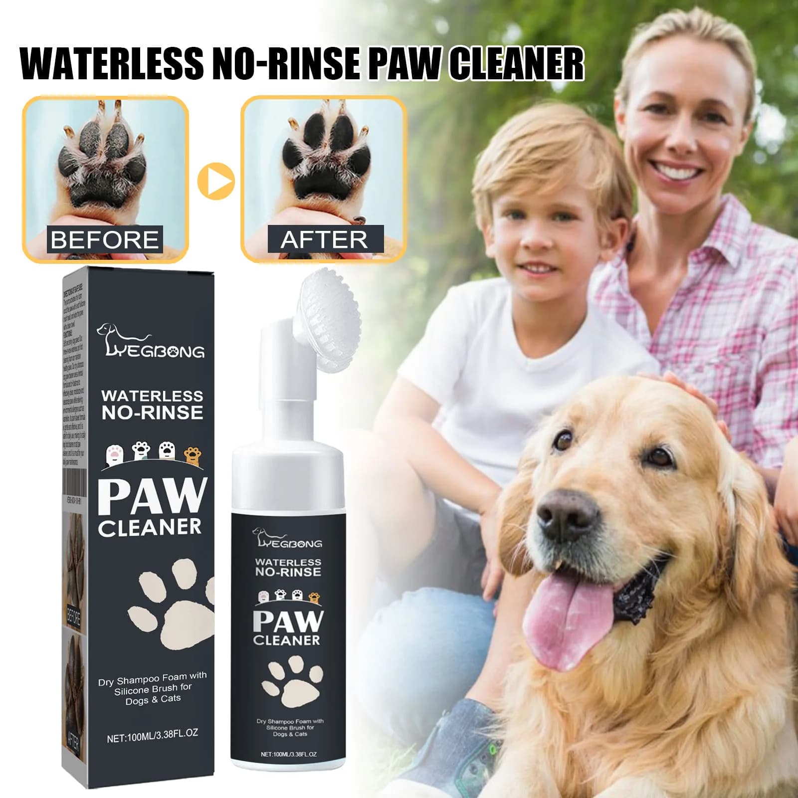 Detergente in schiuma per zampe di animali domestici Schiuma per shampoo secco senza risciacquo con spazzola per cani e gatti Agente per la cura del cuscinetto per piedi Rimozione del fango Detergente per zampe 100ml