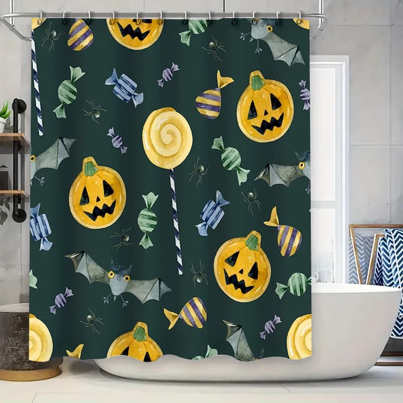 Tenda da doccia verde a tema Halloween con zucca, pipistrelli caramelle per un'arredamento spettrale nel bagno
