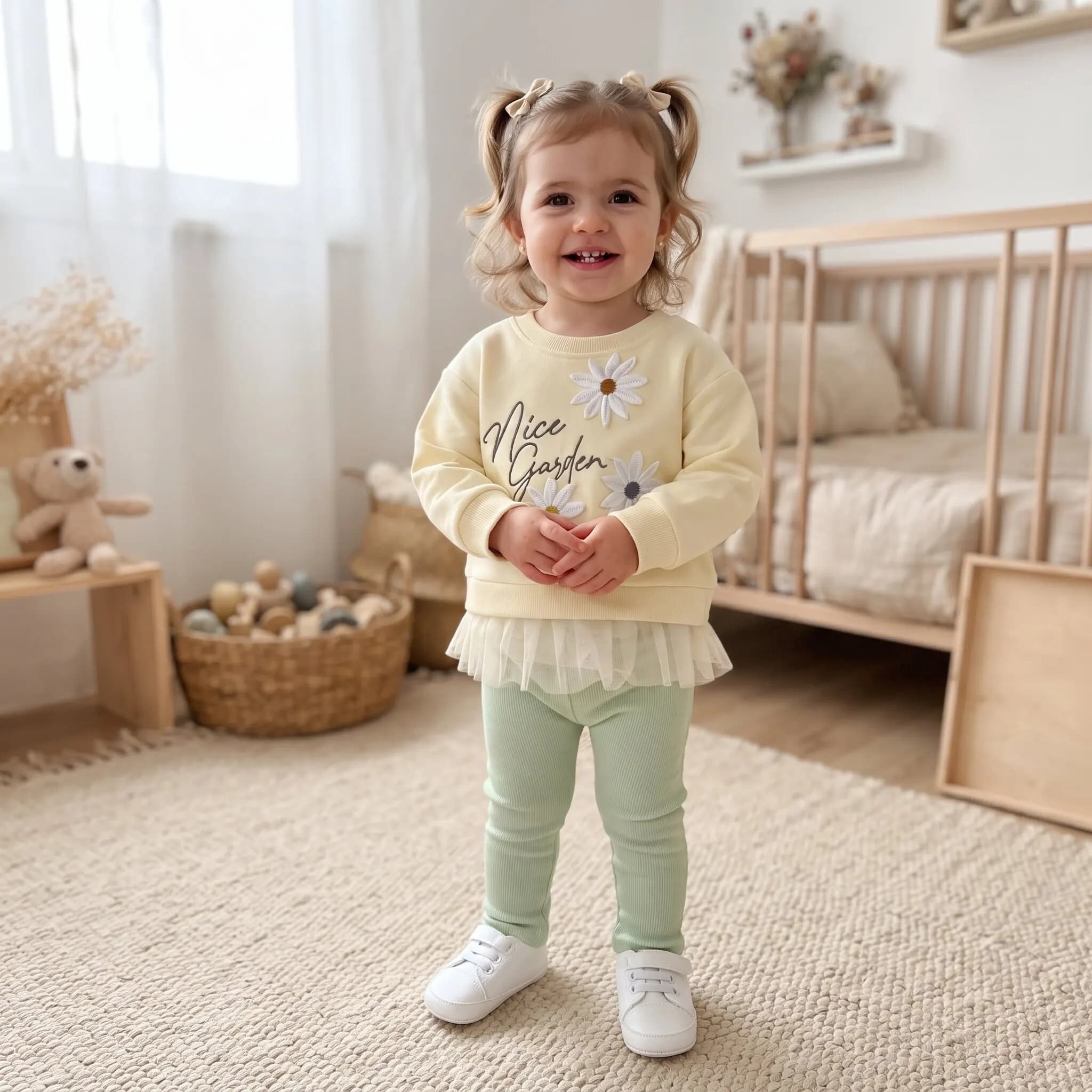 Baby Girl Daisy Embroidery Sweatshirt Set 3D Floral Applique Letter Print Tulle Hem Top Mint Green Ribbed Leggings 2Pcs