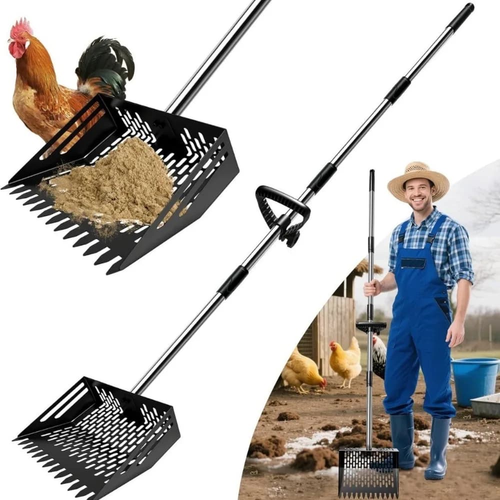 Adjustable 70" Stainless Chicken Poop Rake – Sieve Scoop, No-Bend Heavy Duty Cleaner for Poultry, Cat Litter, Duck & Goose Feces
