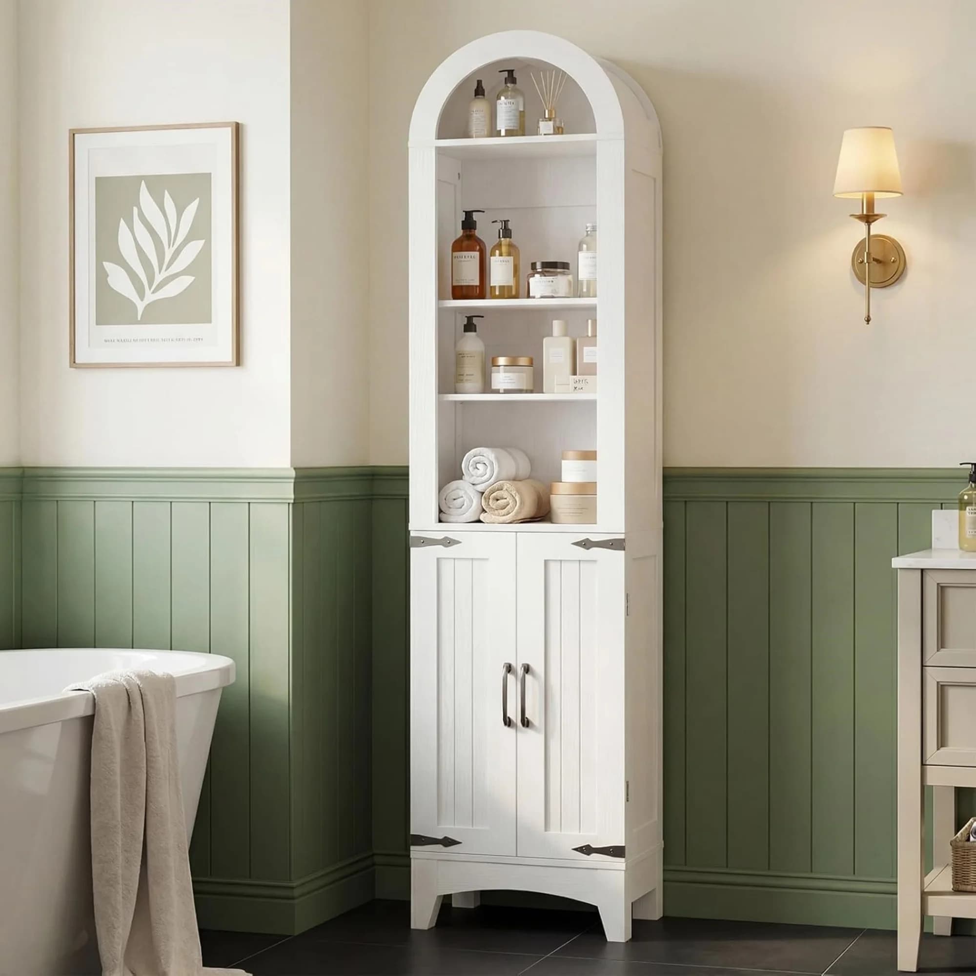 67" Tall Narrow Bathroom Storage Cabinet, Arched Freestanding Floor Cabinet with 3 Adjustable Shelves and 2 Doors for Small Space, Space Saving Organizer for Bathroom, Living Room, W