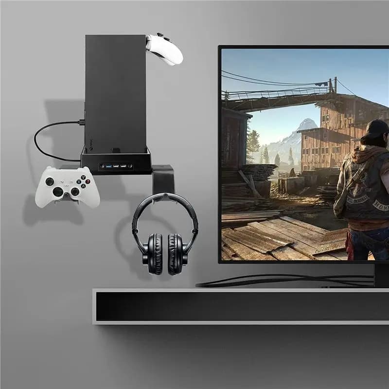 [B63C] Supporto da parete per Xbox Series X con ventola di raffreddamento e 3 porte USB Supporto per controller di gioco Gancio per cuffie Staffa per mensola a muro