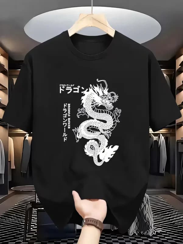 Black T-shirt Men's Streetwear Dragon Graphic Print Japanese Kanji Short Sleeve Tee Casual Cotton Summer Trendy Oversized Top Men