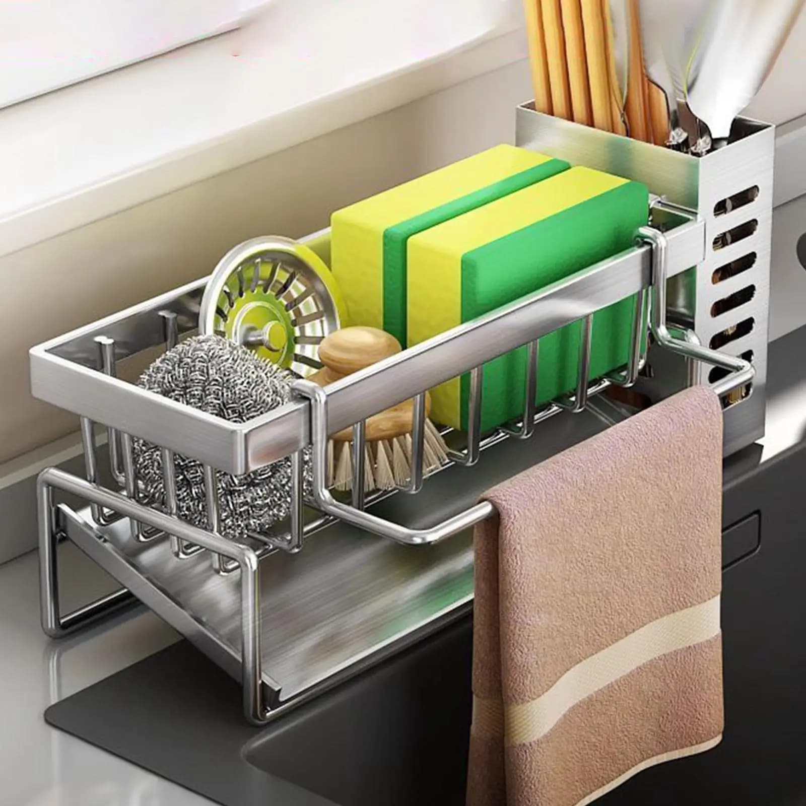 Porta Spugna per Lavello in Acciaio Inox, Organizzatore per Cucina con Dispenser di Sapone per Armadietto da Cucina