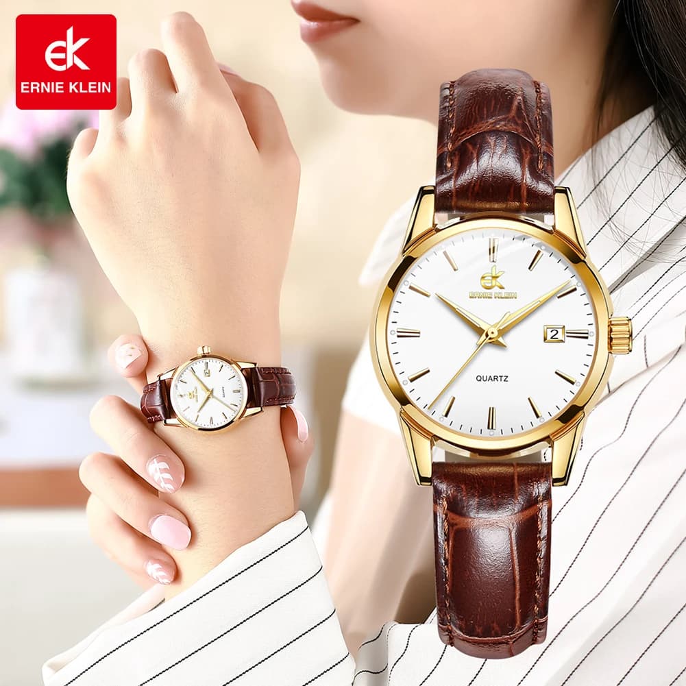 ERNIE KLEIN orologio da polso da donna impermeabile Super sottile orologio al quarzo con cinturino in vera pelle di moda per calendario luminoso da donna