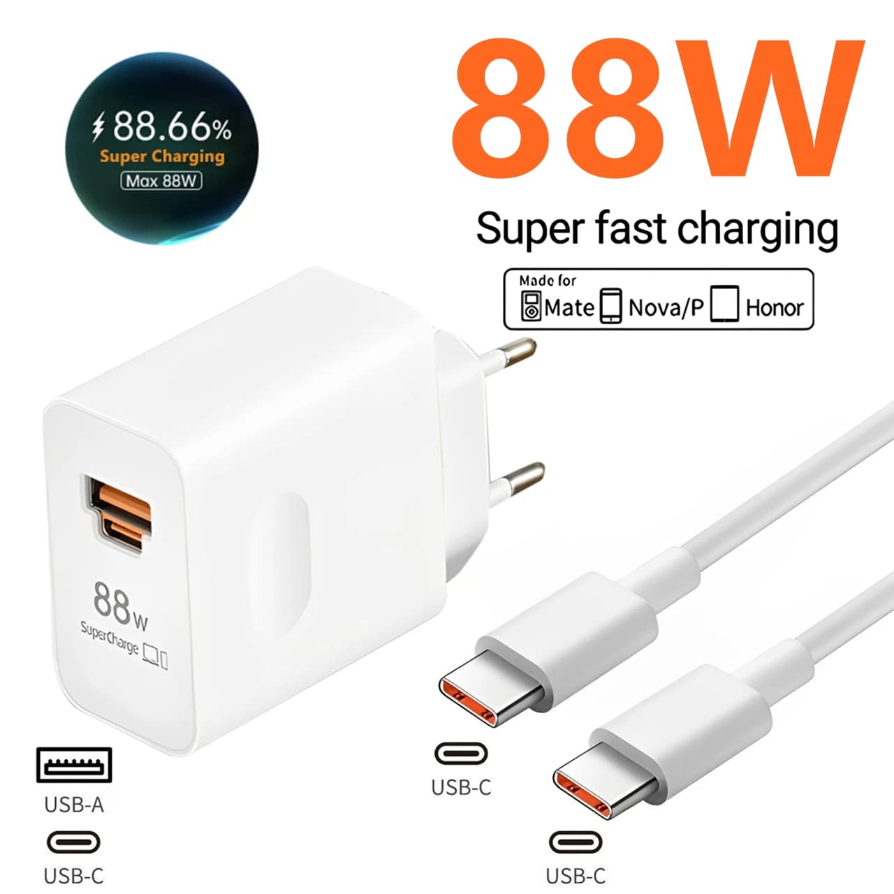 Caricatore super veloce USB A + C max da 88 W per Huawei Mate 50 60 P60 Nova 12 Honor 400 Magic 6 Pro Cavo di ricarica rapida da tipo C a tipo C