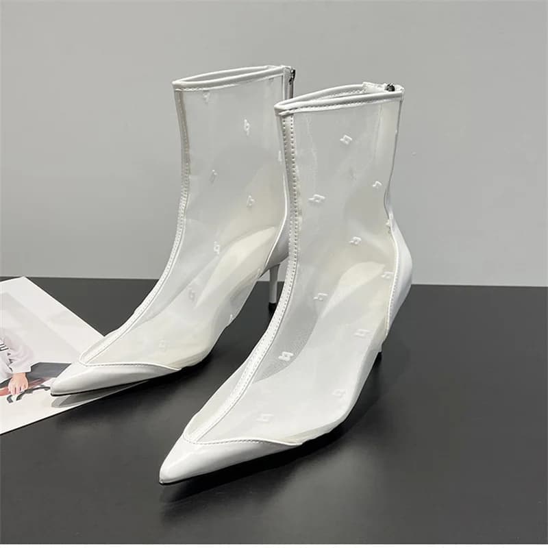 Stivaletti corti a punta in rete cerniere tacchi fini scarpe da donna moda estiva abito alla caviglia alta Botas Zapatos Mujer