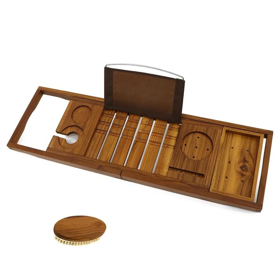 Vassoio portaoggetti per vasca da bagno in teak, organizer unico per vasca con porta libri, tablet, bicchiere da vino, tazza e porta asciugamani, regolabile