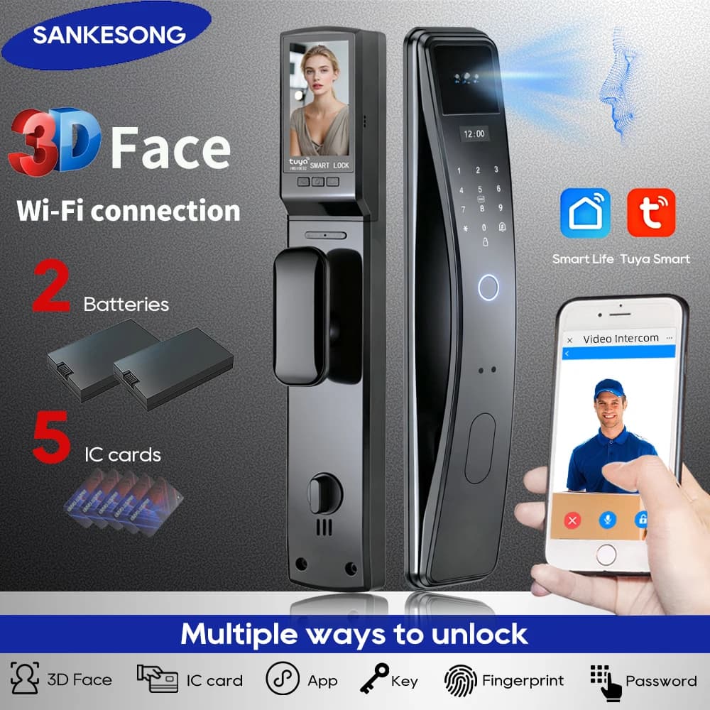 SANKESONG Tuya Smart 3D Face Door Lock Security Camera Monitor Smart Digital Impronta Password Double Biometric Battery