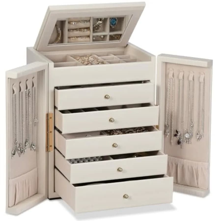 Large Box Jewelry for Women and Girls, Organizer at 6 Levels with Mirror for Necklaces, Rings and Bracelets