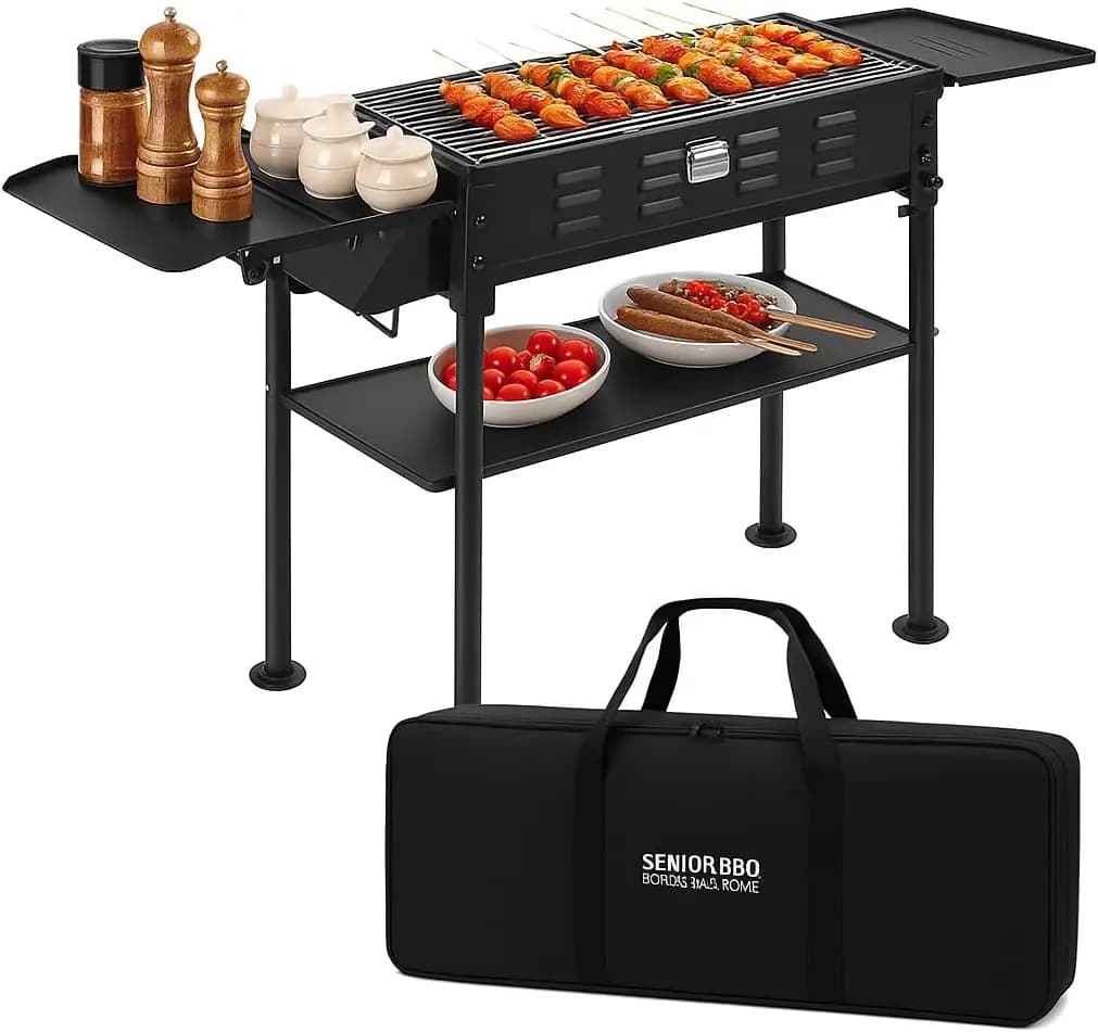 35-Inch Folding Portable Charcoal Grill, BBQ Grill for Outdoor Grilling, Cooking, Camping, Hiking, Picnics, Tailgating, Backpacking & Party, Includes Storage Bag and Non-Stick Frying Pan, Matte Black