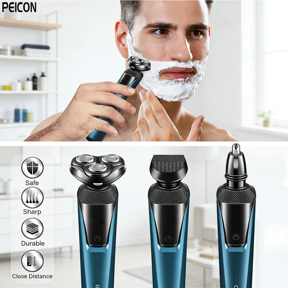 Electrical Rotary Shaver for Men 3-in-1 Electric Beard Shaver Washable Rechargeable Shaving Machine Portable Body Hair Trimmer