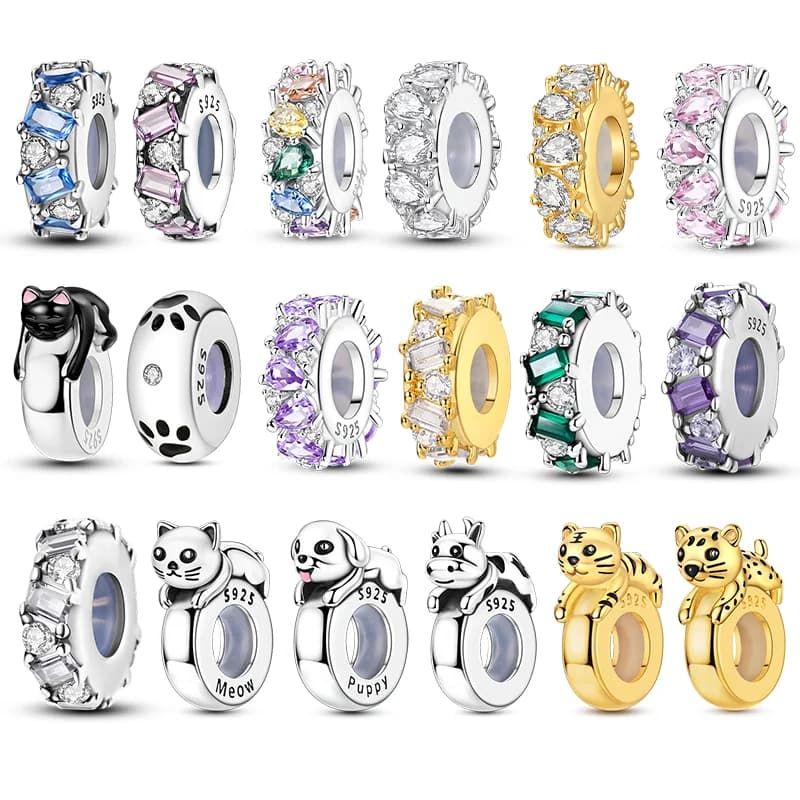 Perline distanziatrici in silicone e argento sterling 925 con ciondoli a forma di gatto in zirconi colorati, adatte a braccialetti originali, per donne, idea regalo fai da te.