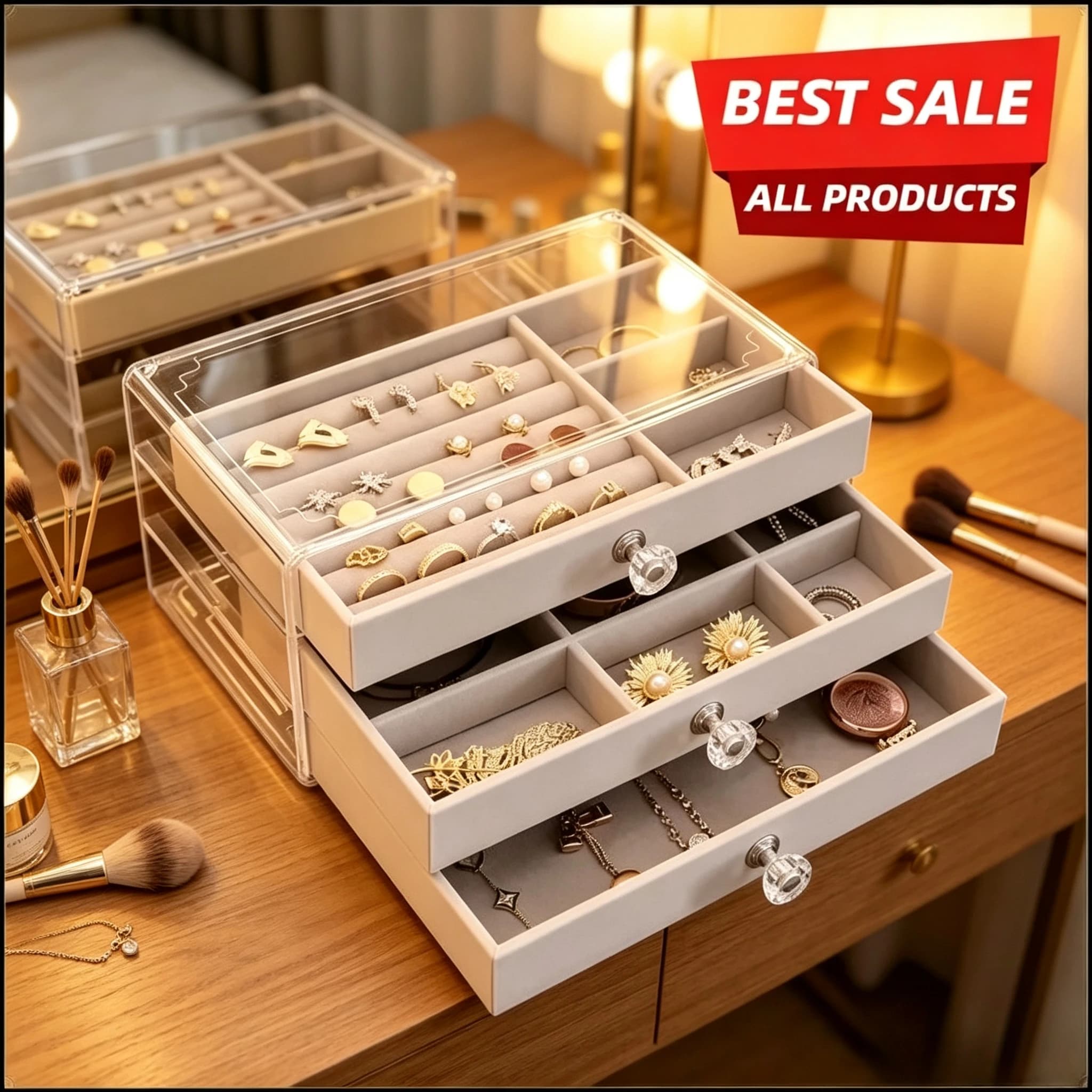 Exquisite 3 Drawer Jewelry Organizer High‑Grade Desktop Jewelry Storage Box for Women Rings Bracelets