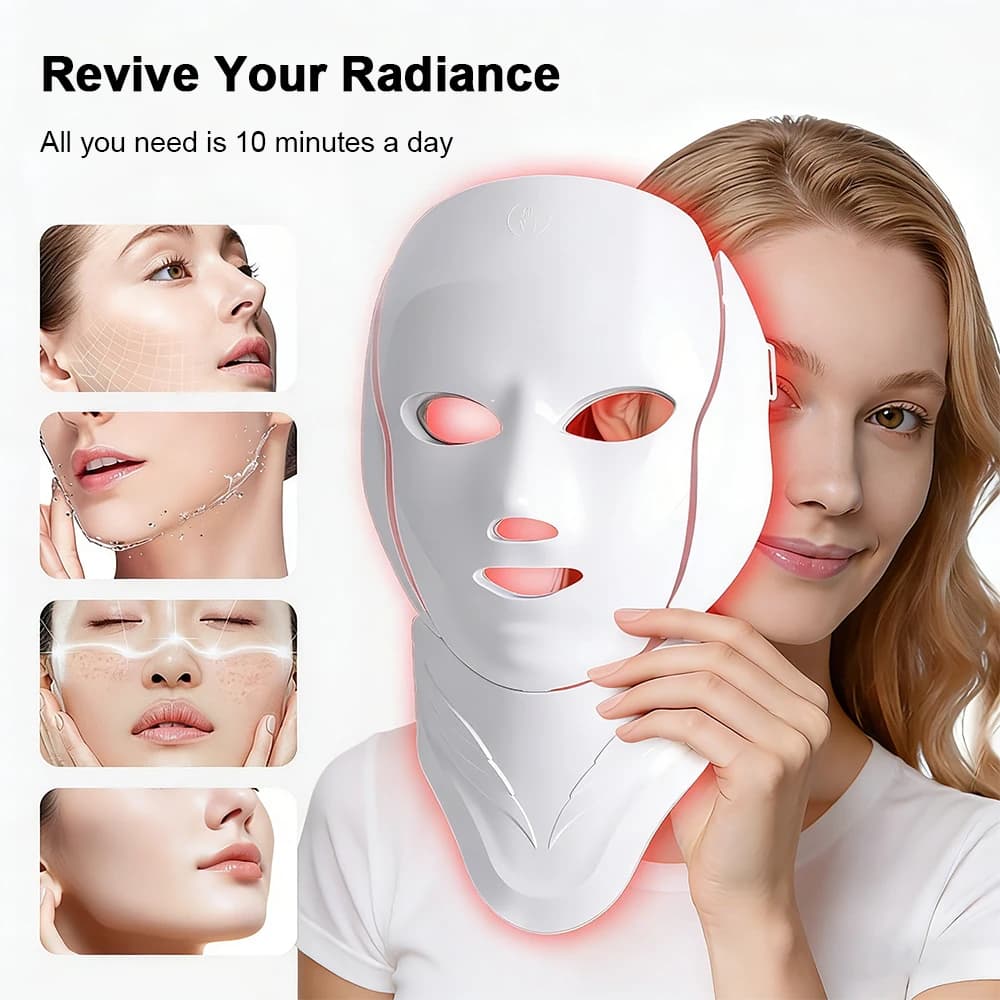 Maschera di Bellezza LED Wireless a 7 Colori per Viso e Collo, Design con Fibbia Rimovibile, Rassodante, Illuminante, Ringiovanente, Anti-Età, Cura della Pelle