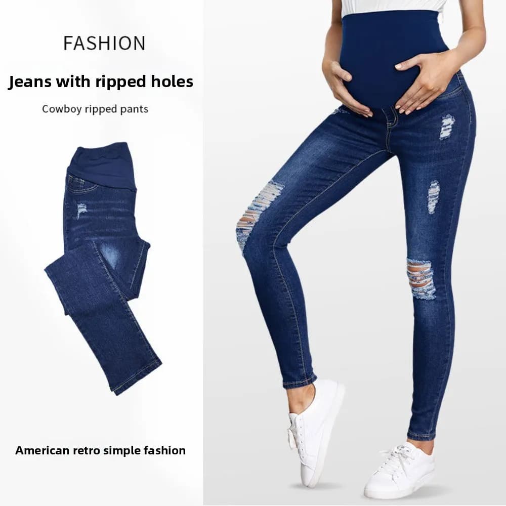 Jeans premaman a vita alta, strappati, con supporto per la pancia, eleganti, slim fit, elasticizzati, lunghezza alla caviglia, per autunno e inverno, modello cross-border