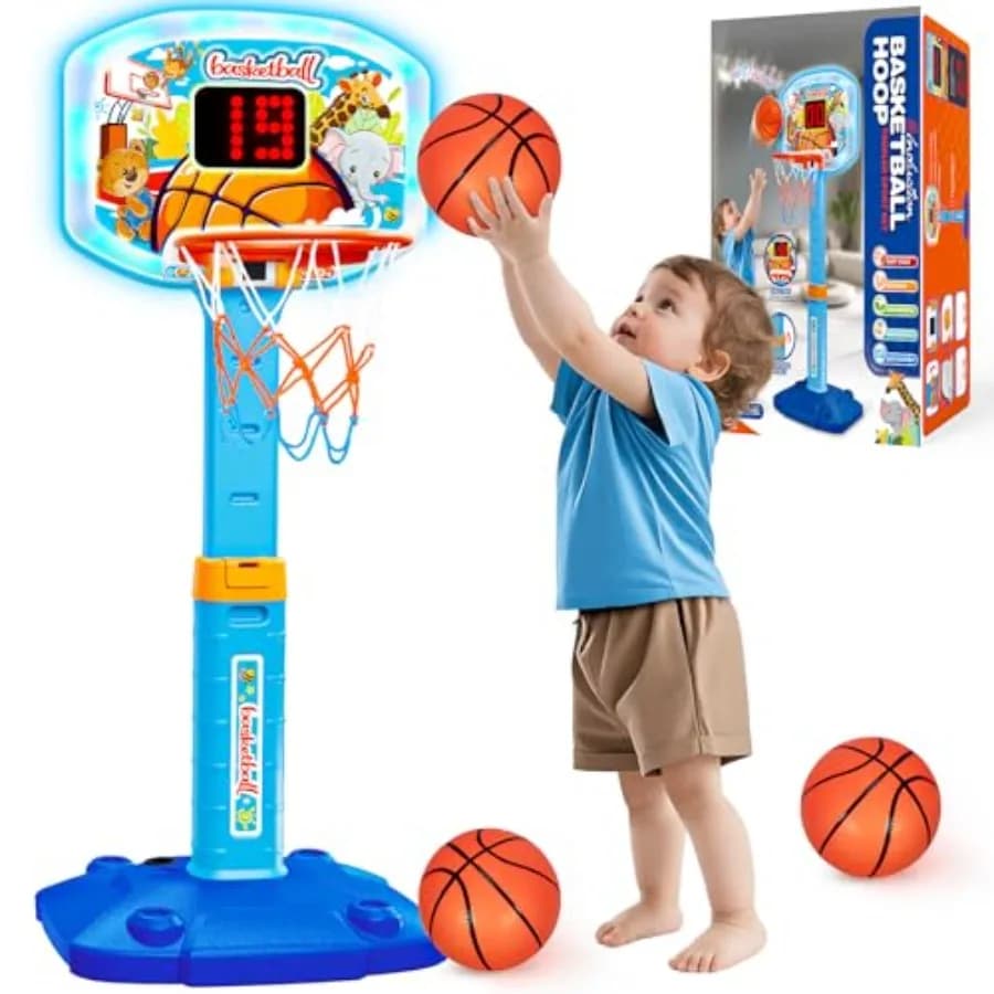 Basketball basket for children, adjustable, for ages 1-3 years, with lights and sounds, mini basketball set with 3 balls, fun sports game, gift idea