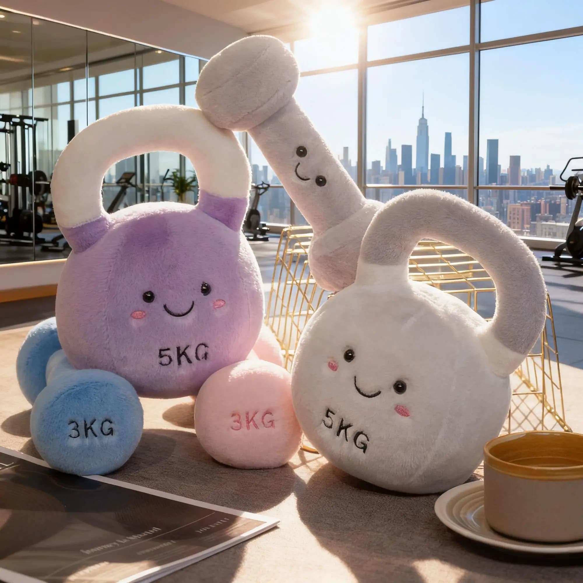 Baby doll with kettlebell handlebars - Soft fitness instrument shape plush, baby pillow and table decoration, kettlebell plush