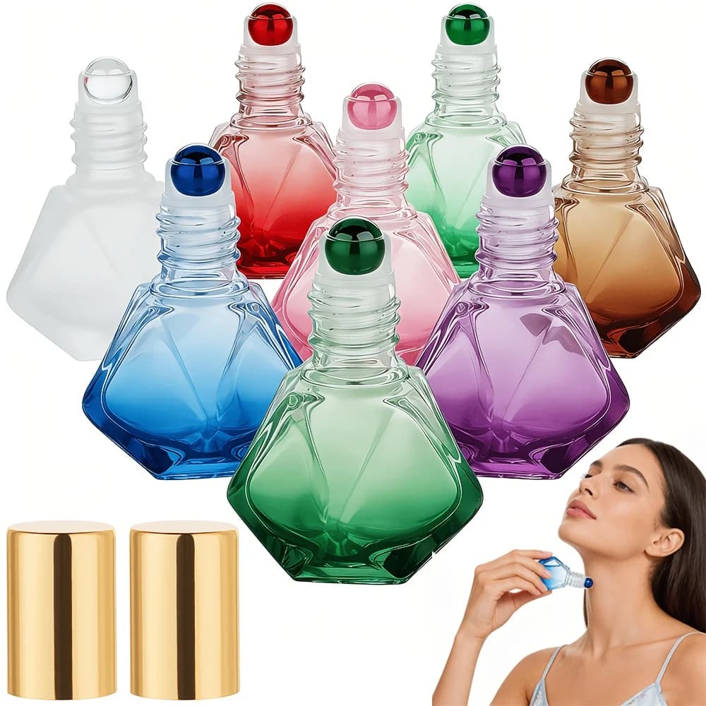 Flacone roll-on in vetro colorato a forma di diamante da 7 ml per oli essenziali, flacone roll-on per profumo liquido.