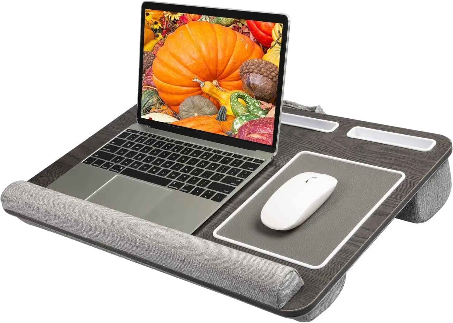 Supporto per laptop fino a 17 pollici, con tappetino per mouse integrato e supporto per polso, supporto per tablet e telefono in finitura effetto legno nero