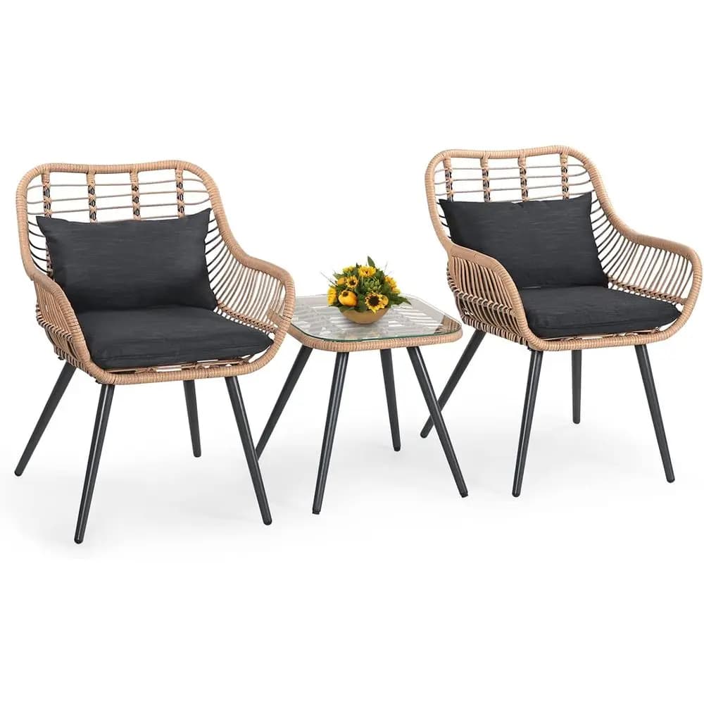Outdoor Wicker 3-Piece Patio Bistro Set with Glass Top Table and Cushioned Chairs for Balcony, Porch, or Deck
