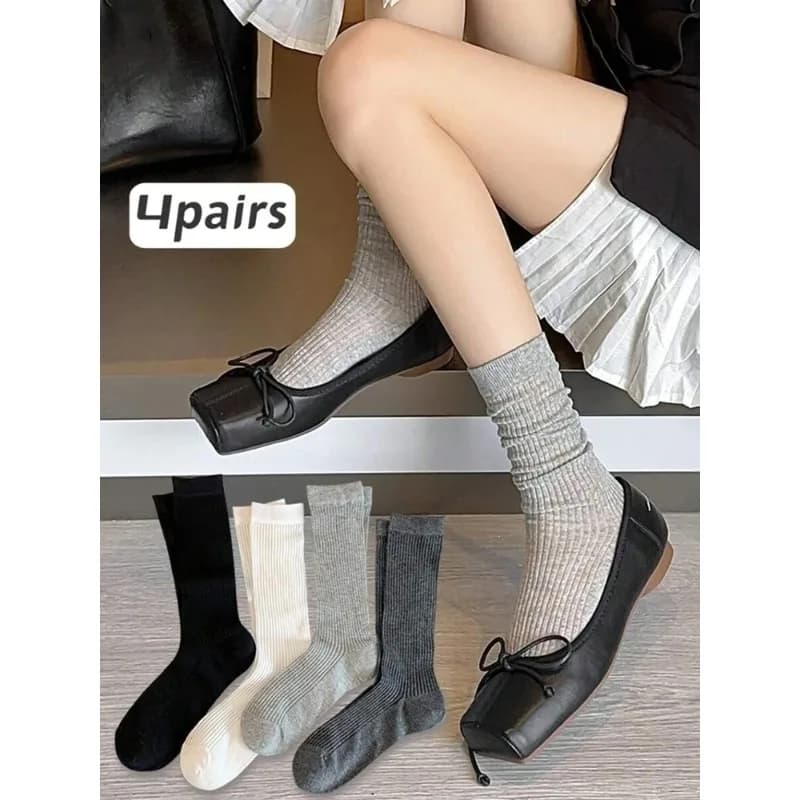 4 paia di calzini da donna a gamba media a piccola Calzini alti al ginocchio Calzini neri bianchi grigi Calzini estivi sottili stile dolce trasparenti impilati