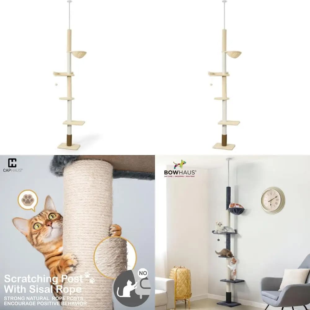 Torre per Gatti Regolabile in Altezza 104-115 Pollici Multi-Livello con Tiragraffi, Palla Gioco, Piattaforme, Amaca - Beige