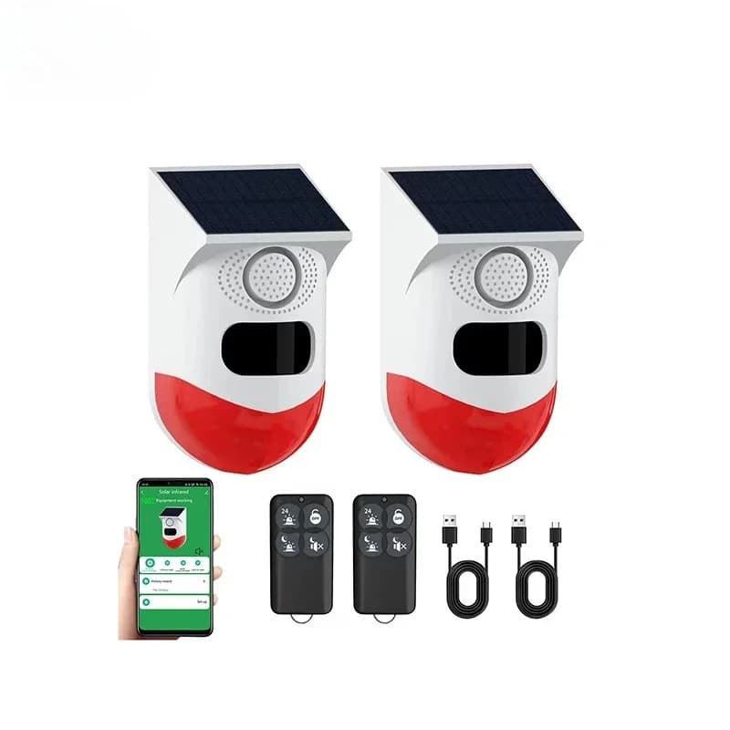 Sistema di Allarme Solare da Esterno 120dB con Luce Stroboscopica, 8 Funzioni Vocali e Sensore di Movimento Wireless