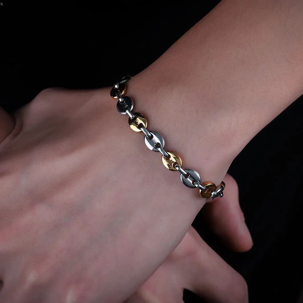 Two-Tone Gold Silver Coffee Bean Link Bracelet, Stainless Steel Chunky Chain Wrist Bracelet for Men Street Jewelry