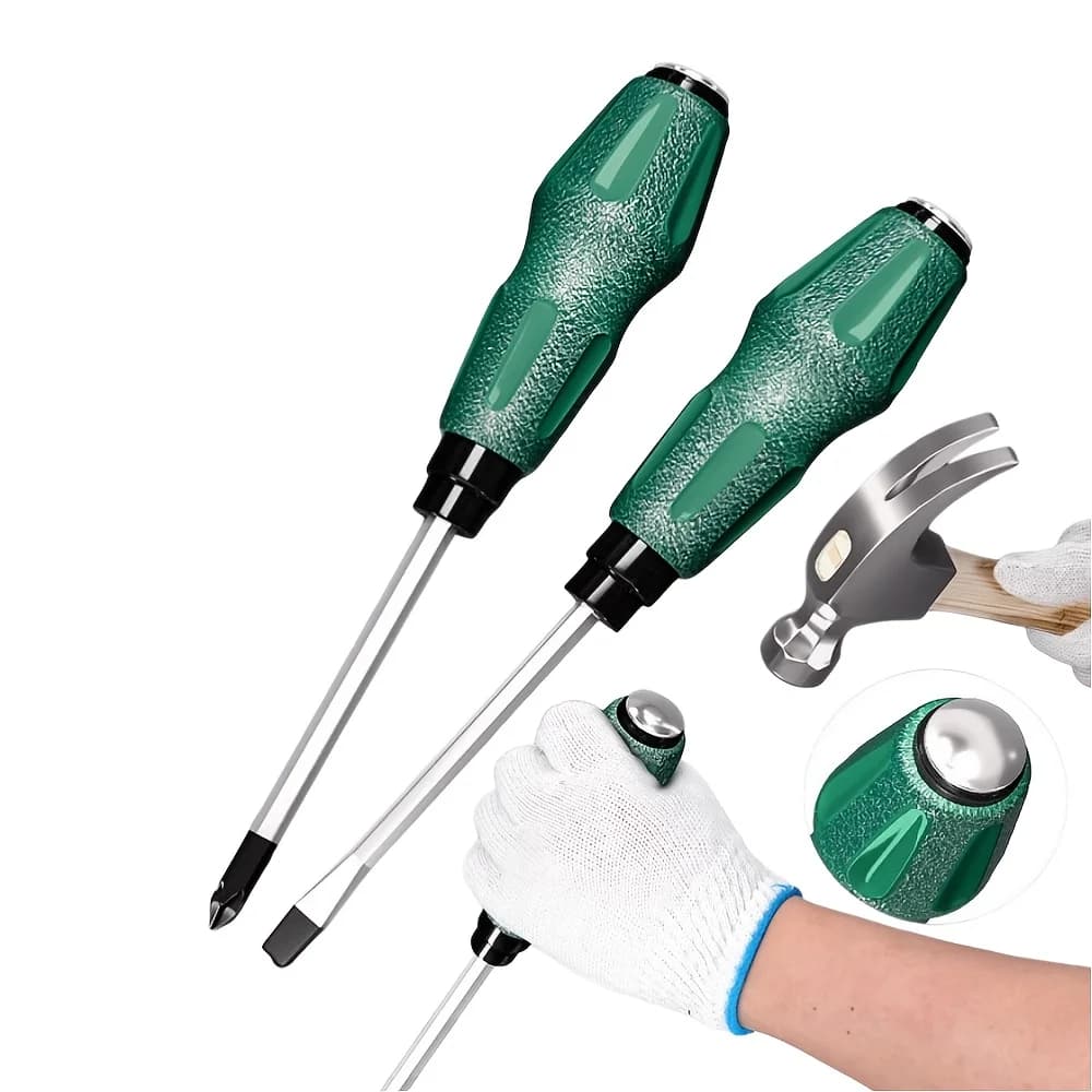 Set di 2 Cacciaviti Industriali - Punte Magnetiche/Con Gambo Passante per Uso con Martello - Teste Piatte/Phillips - Multiuso Manuale