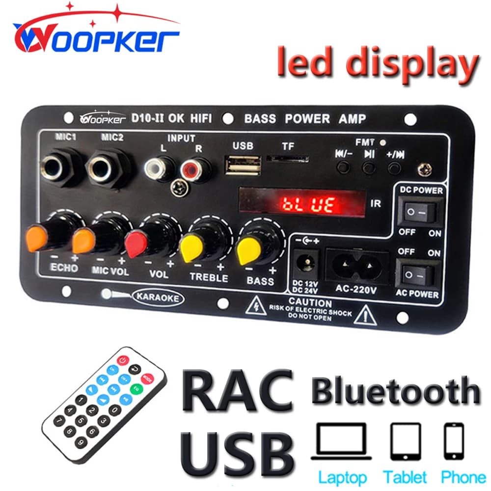 Woopker D10-II Scheda amplificatore audio Bluetooth con schermo LED 30-120W per altoparlante da 4 Ohm Modulo amplificatore di potenza domestico per auto RV