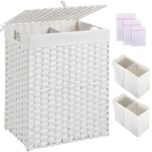 Cesto per biancheria Greenstell con 2 sacchi interni rimovibili, cesto per biancheria da 90 litri, cesto per biancheria pieghevole in rattan sintetico intrecciato a mano