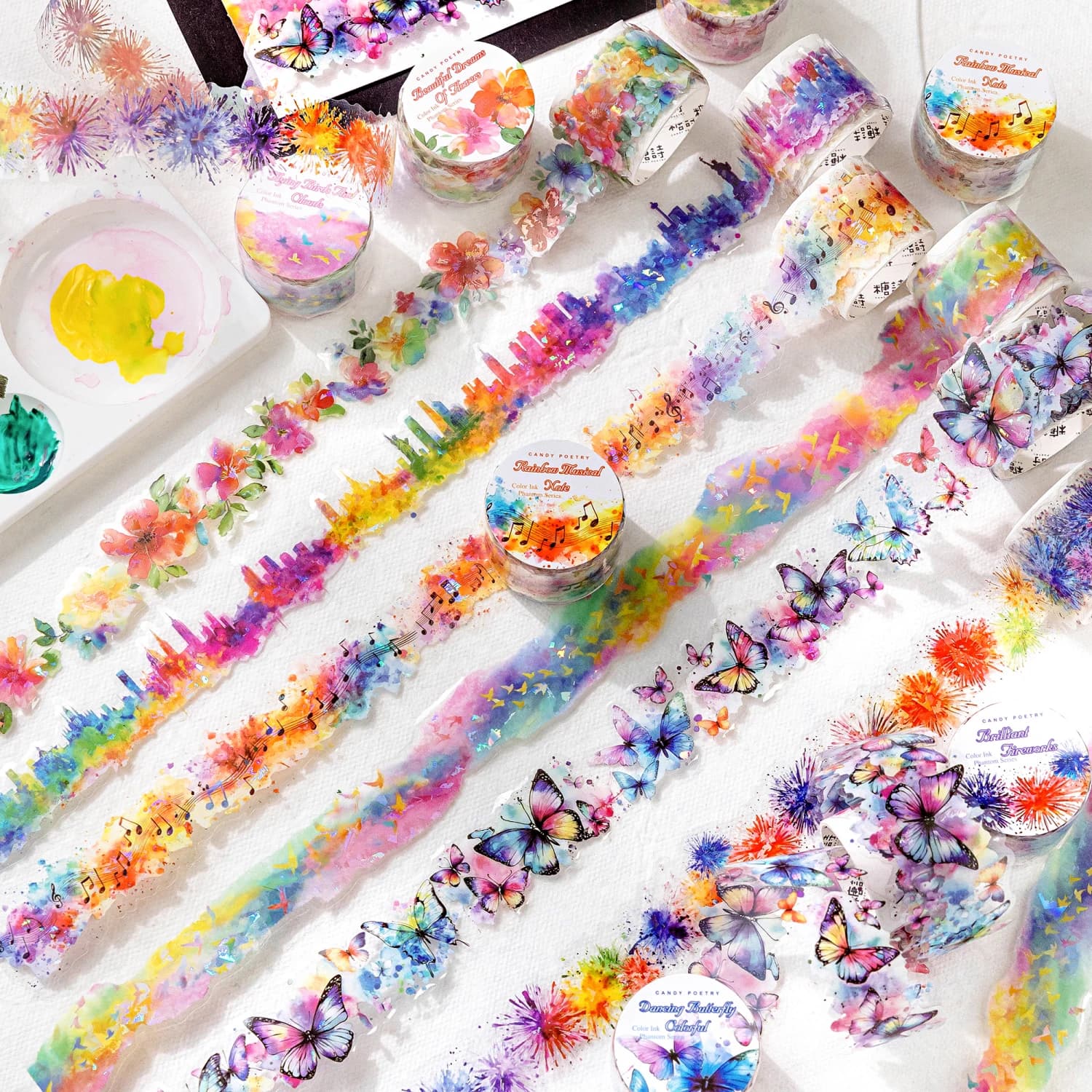 1 rotolo di nastro olografico in PET floreale con farfalla arcobaleno, conto a mano, scrapbooking, diario, forniture fai da te per la decorazione artistica del collage