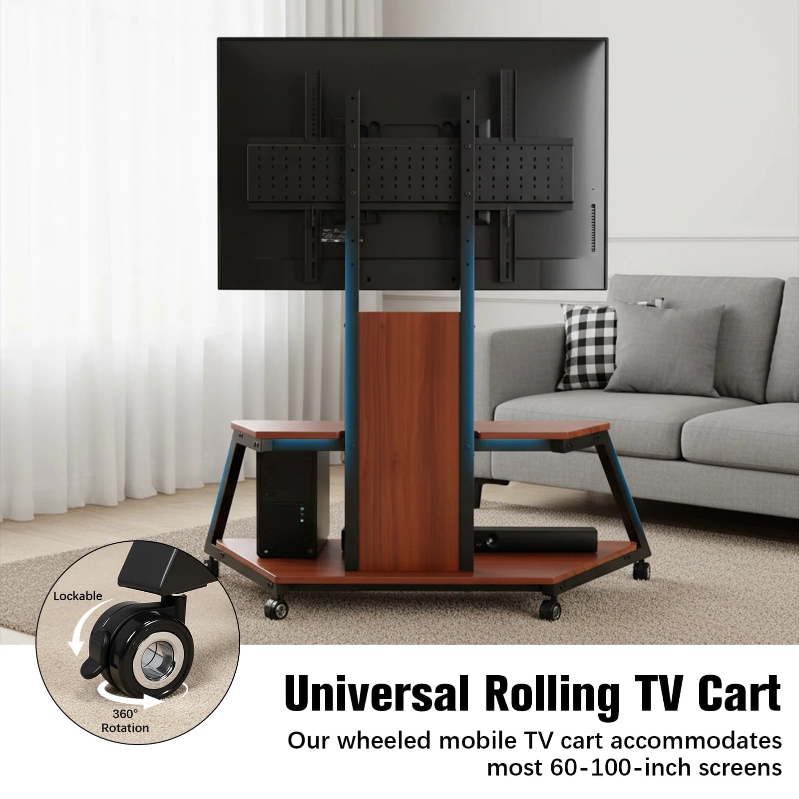 Floor TV trolley for 60-100 inch TV up to 220 pounds with laptop shelf, swivel TV trolley with lockable wheels and adjustable height