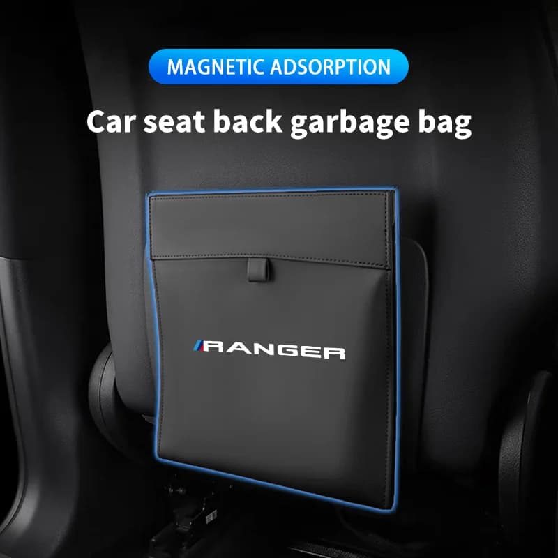 Car Garbage Bag Magnetic Adsorption Trash Can PU Leather Seat Back Hanging Storage Pocket for Ford Ranger T9 Raport Accessories