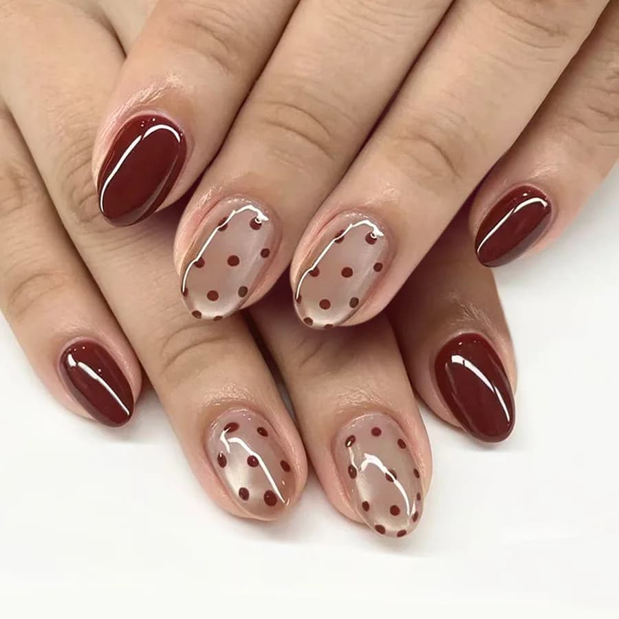 24Pcs Mid-length Cat's Eye Design Press on Fake Nails Wine Red Polka Dot Finger Nail Simple Almond Reusable Manicure Patches Art
