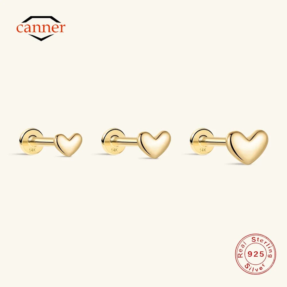 CANNER 1PC 100% 14K Oro Solido Liscio Amore a Forma di Cuore Posteriore Piana Orecchino Donne Semplice Piercing Orecchini a bottone Regalo di San Valentino