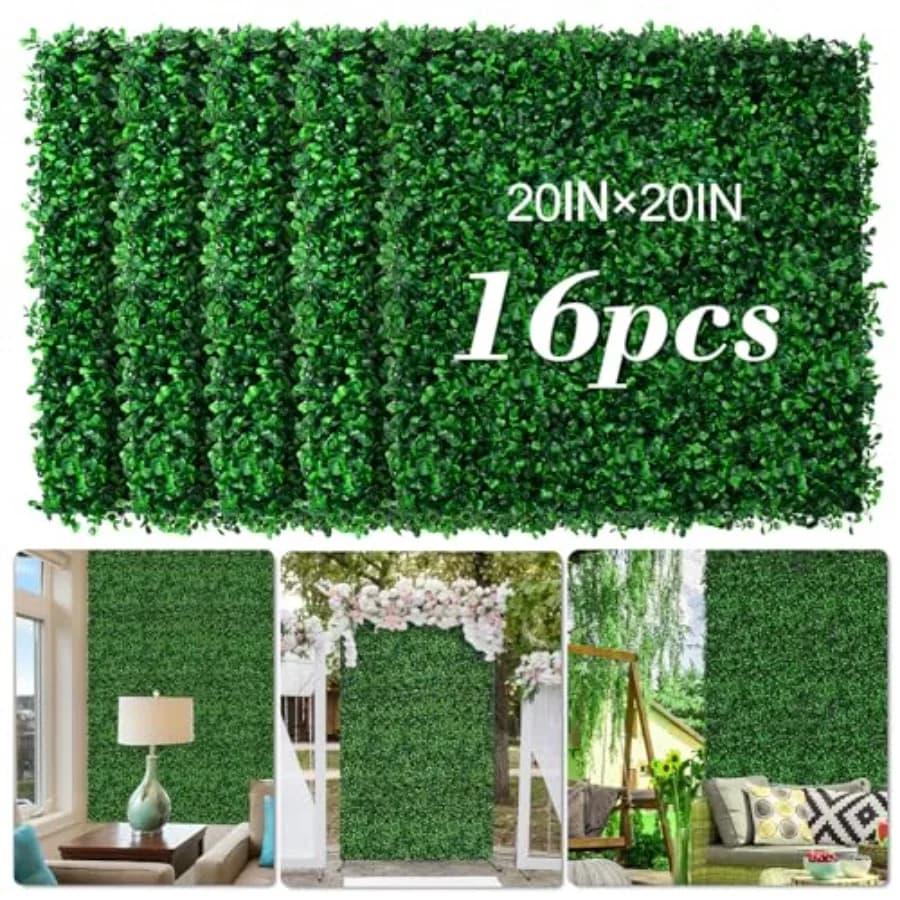 20x20 Artificial Grass Wall 16Pcs UV-Anti Boxwood for Outdoor Dense, 50 Cable Ties, UV-Anti, Fade-Resistant, Flexible Assembly,