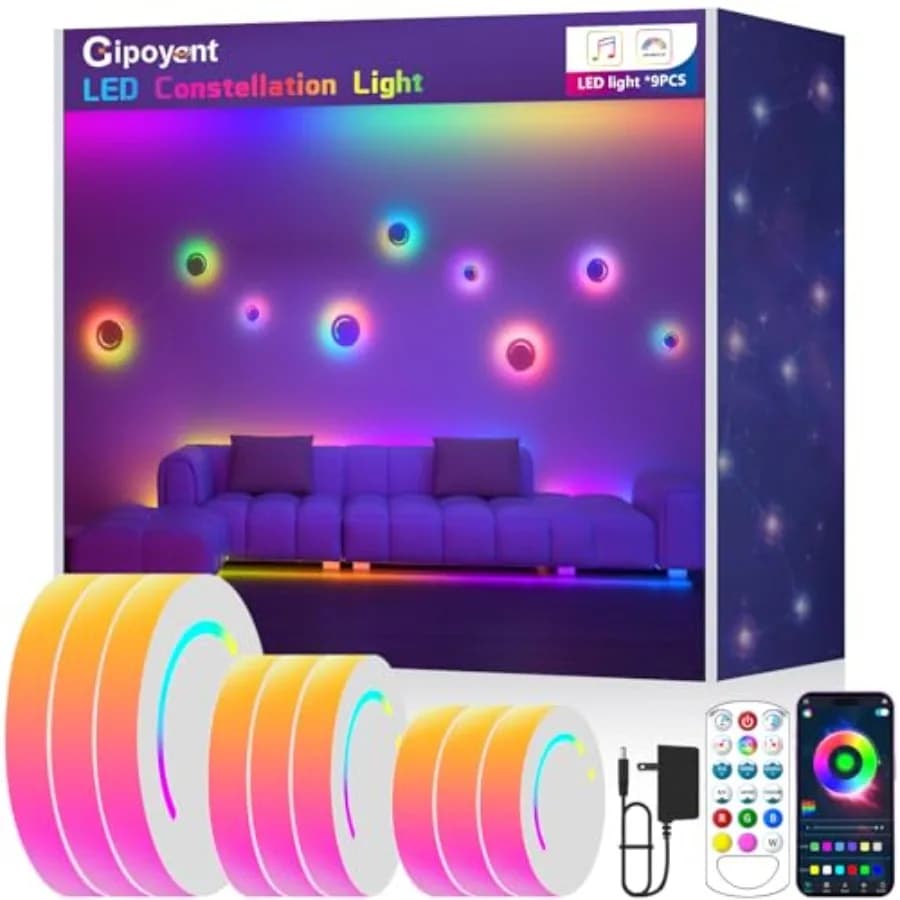 Lampada da Parete Intelligente, Luce LED a 9 Pezzi per Costellazioni, Cambio Colore RGB, Sincronizzazione Musicale, Controllo App e Telecomando, Illuminazione d'Ambiente