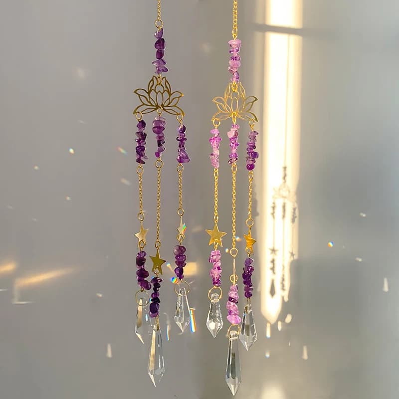 Lotus Flower Purple Crystal Sun Catcher Prisms Window Wind Chimes Car Pendants Home Decorations Handmade Ornaments For Gifts