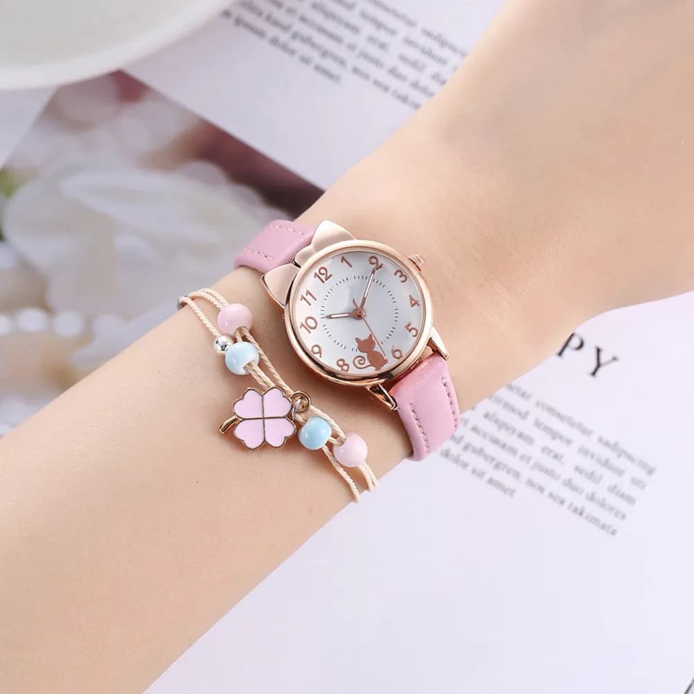 Set di 1 Orologio da Donna con Quadrante a Forma di Gatto, Elegante, Semplice, Chic e alla Moda, per Occasioni Casual, Formali, Feste, Ufficio, Regalo, Delicato sulla Pelle