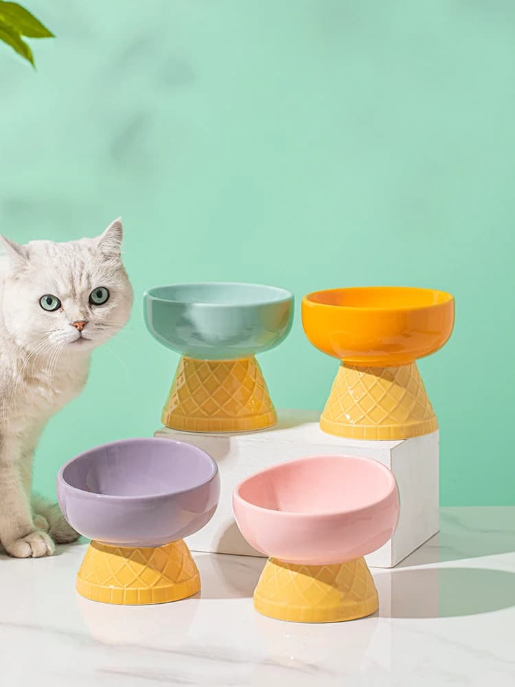Ciotola in ceramica creativa a forma di gelato per gatti, ciotola inclinata per snack e acqua per cani, ciotola per cibo e acqua per gatti, accessori per animali domestici