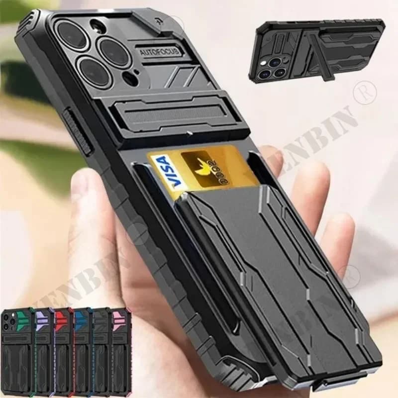 Custodia per iPhone 16 15 14 13 12 11 Pro Max Plus XR 8 7 Plus Custodia con slot per schede con staffa antiurto