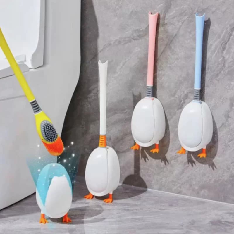 Spazzola per WC a forma di anatra gialla, multifunzionale, in silicone, per uso domestico, senza angoli morti, montabile a parete, con base.