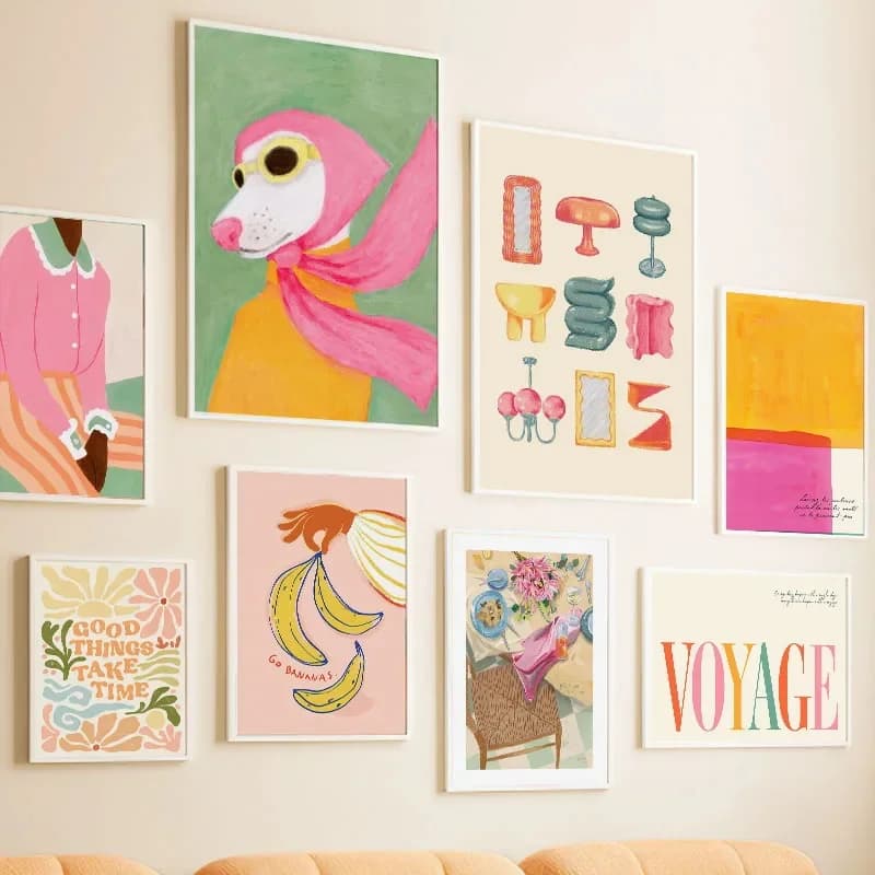1 pz. Quadro senza cornice con stampa artistica astratta di ragazza, cane, vaso, fiore e banana, per hotel, bar e soggiorno