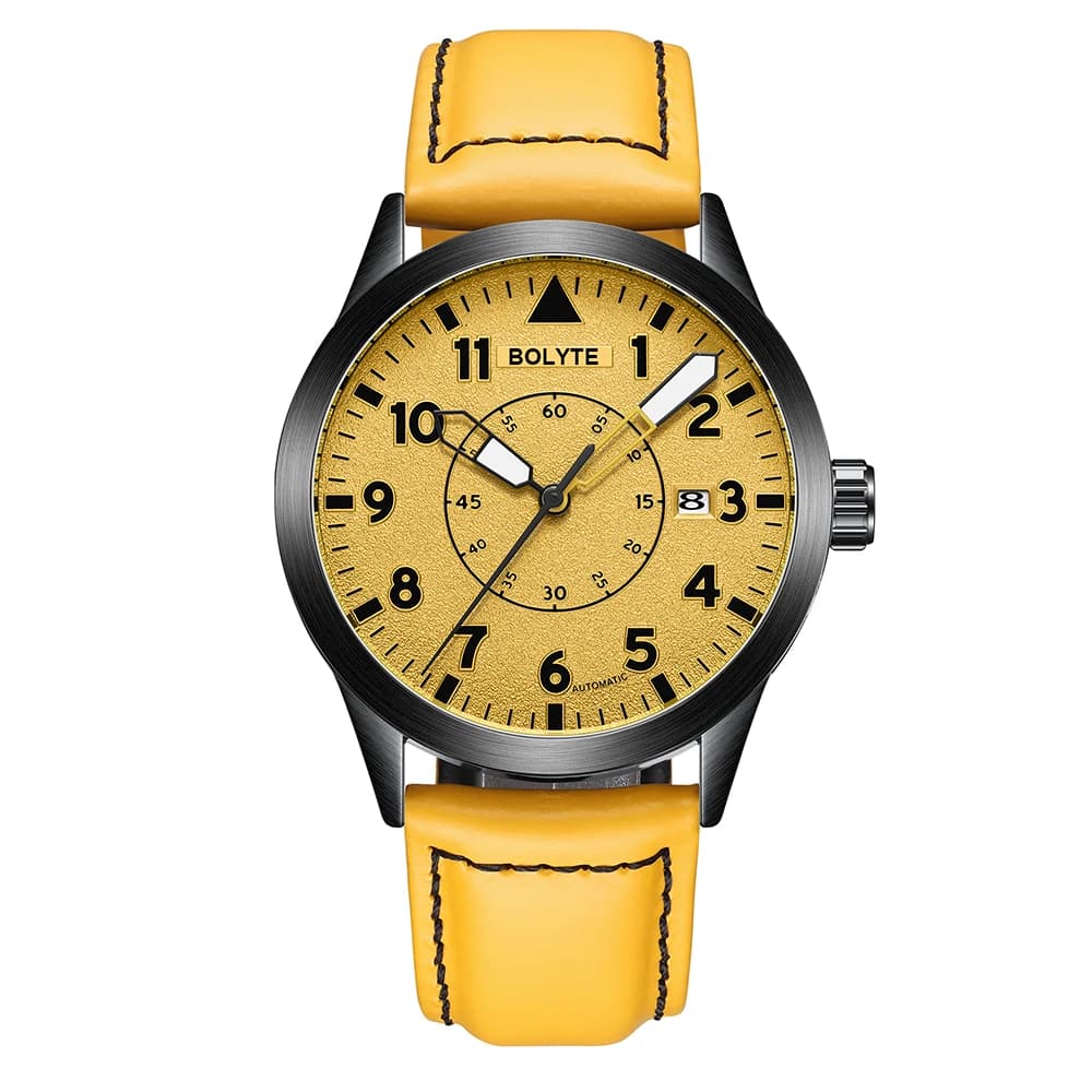Men's automatic mechanical watch, classic working watch, leather strap, yellow dial, calendar with date, men's wristwatch for daily use