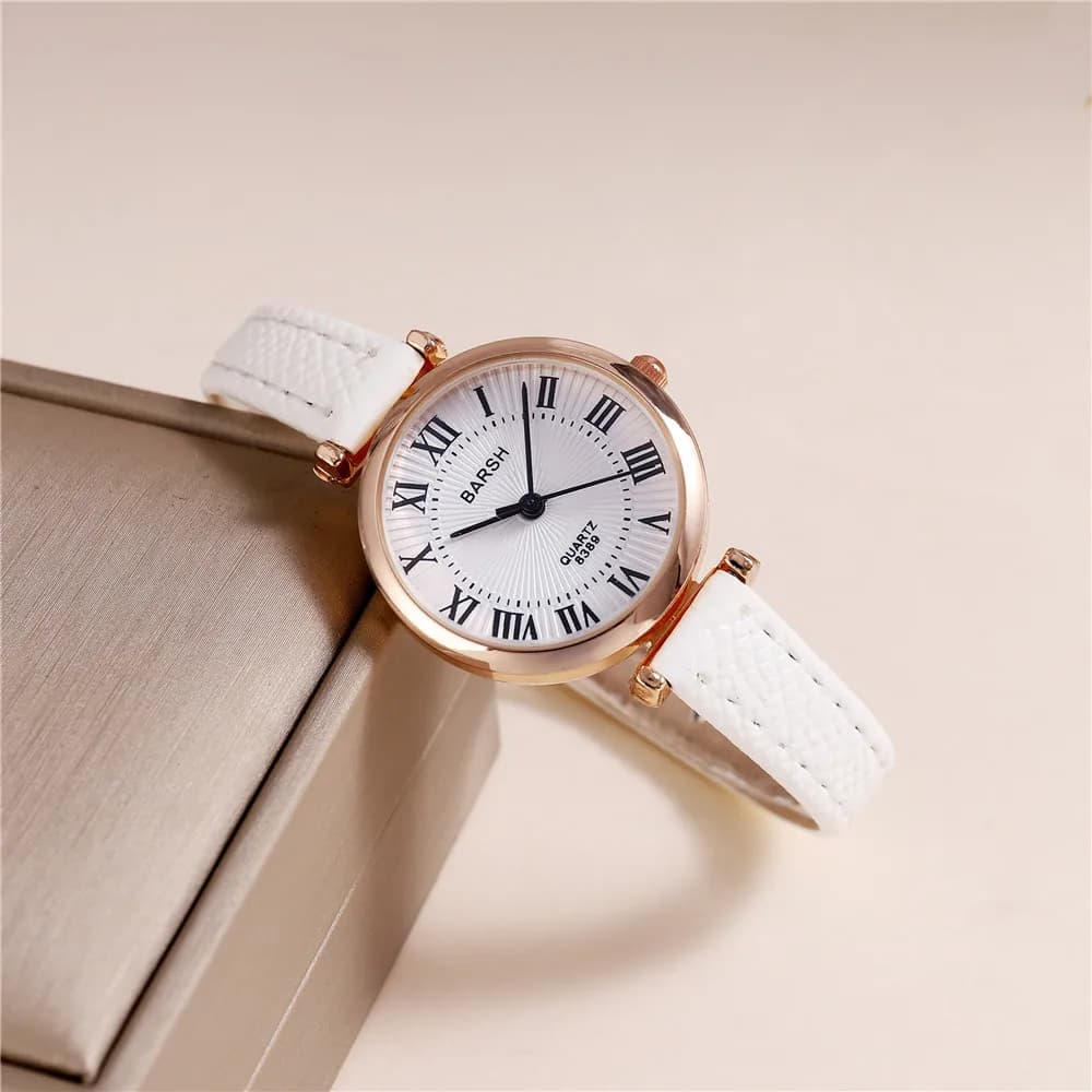 fashionable women's casual quartz watch with roman scale dial pu leather