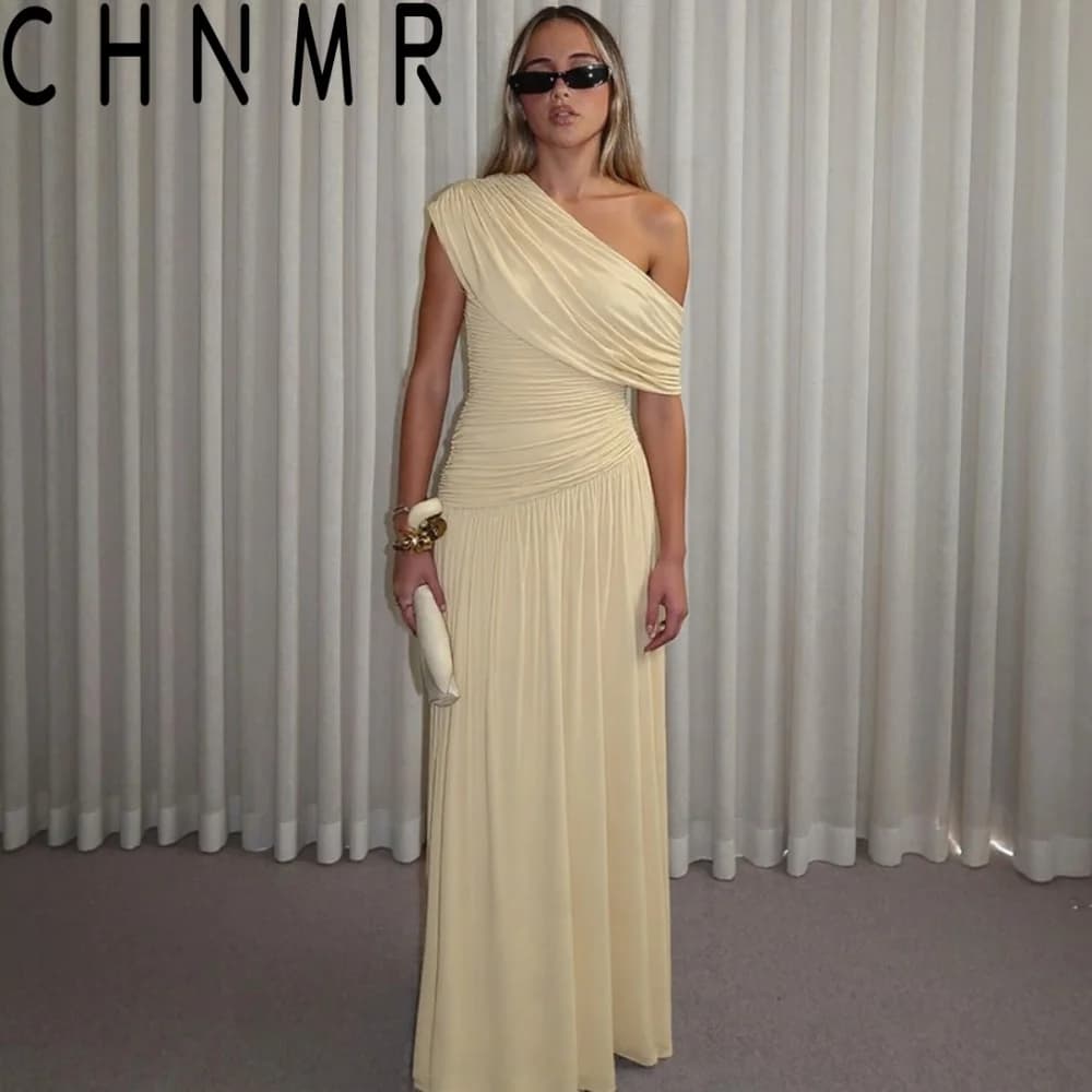 CHNMR Elegant One Shoulder Ruched Slim Maxi Dress Women Fashion Sleeveless Evening Party Robe Y2K 2026 Summer New Female Clothes