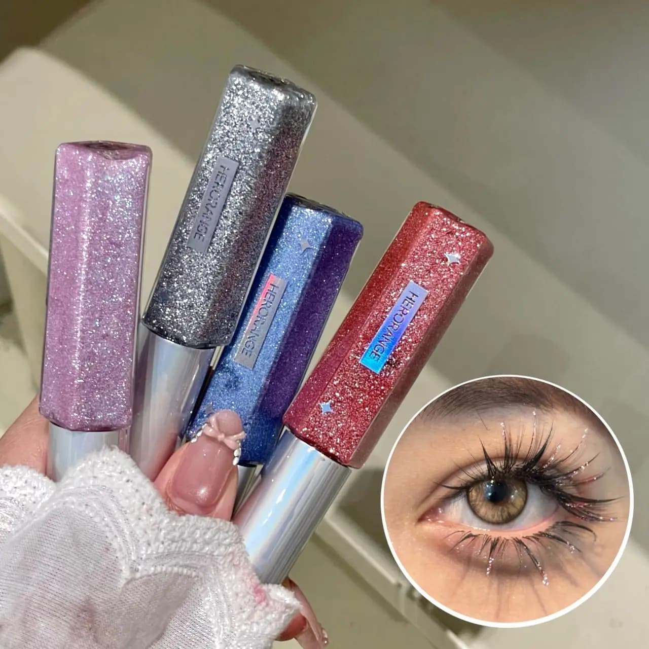 Herorange Colored Mascara with Diamond Powder, Anti-Sweat, Anti-Sweat, Stretching, Moisturizing, Incurring, with Glitter for Eyelash